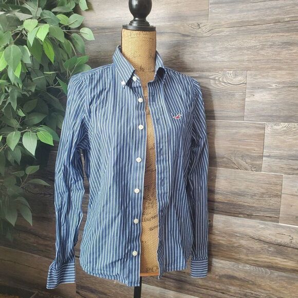 Hollister Blue and White Striped Button Down Long Sleeve Women's Shirt Size S - Picture 2 of 10